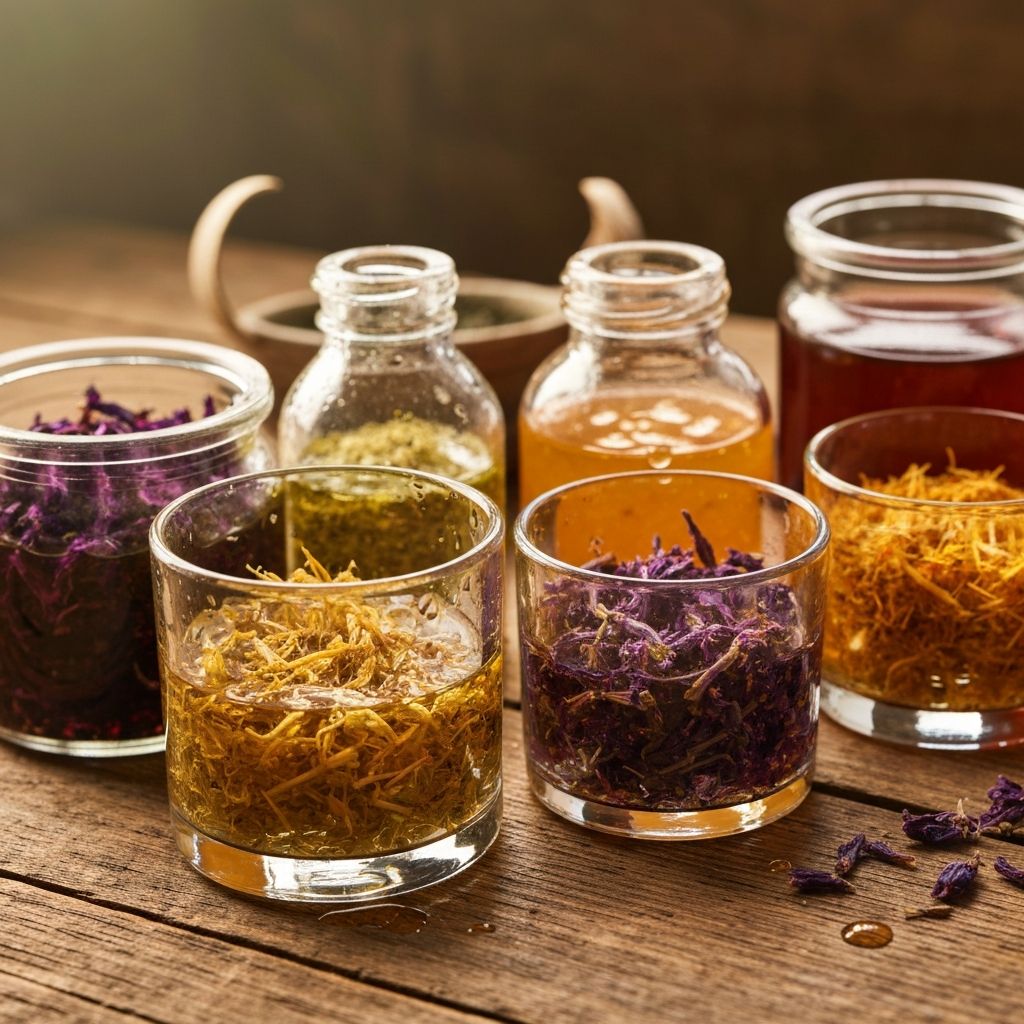 Натурални растителни екстракти в стъклени съдове, заобиколени от пресни билки и ботанически елементи